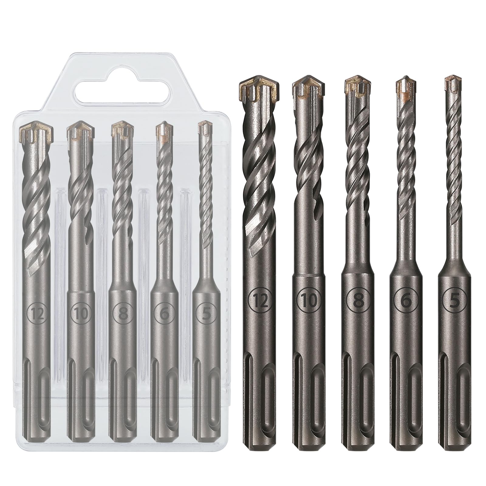 Punte for Trapano SDS, Set di 5 Punte for Trapano a percussione SDS Plus, Punte for Trapano in carburo con Punta a Croce da 5/6/8/10/12 mm, Lunghezza 110 mm.