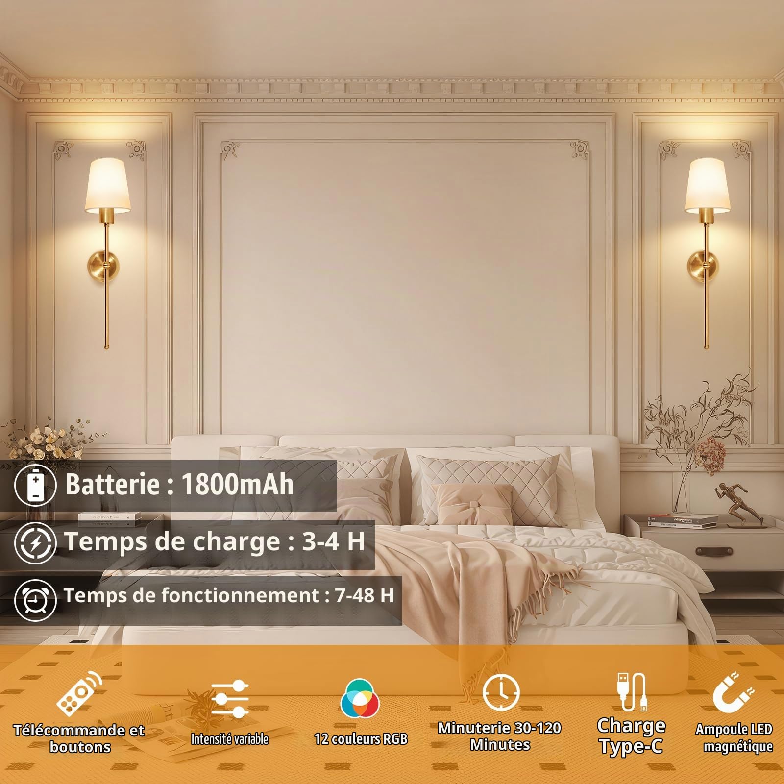 Ketom 2 Pack Lampe Murale Sans Fil Rechargeable, 12 RGB Dimmable Luminaire LED Mural à Piles, avec Télécommande, Applique Murale Interieure Vintage avec Abat-jour en Tissu Blanc, Doré