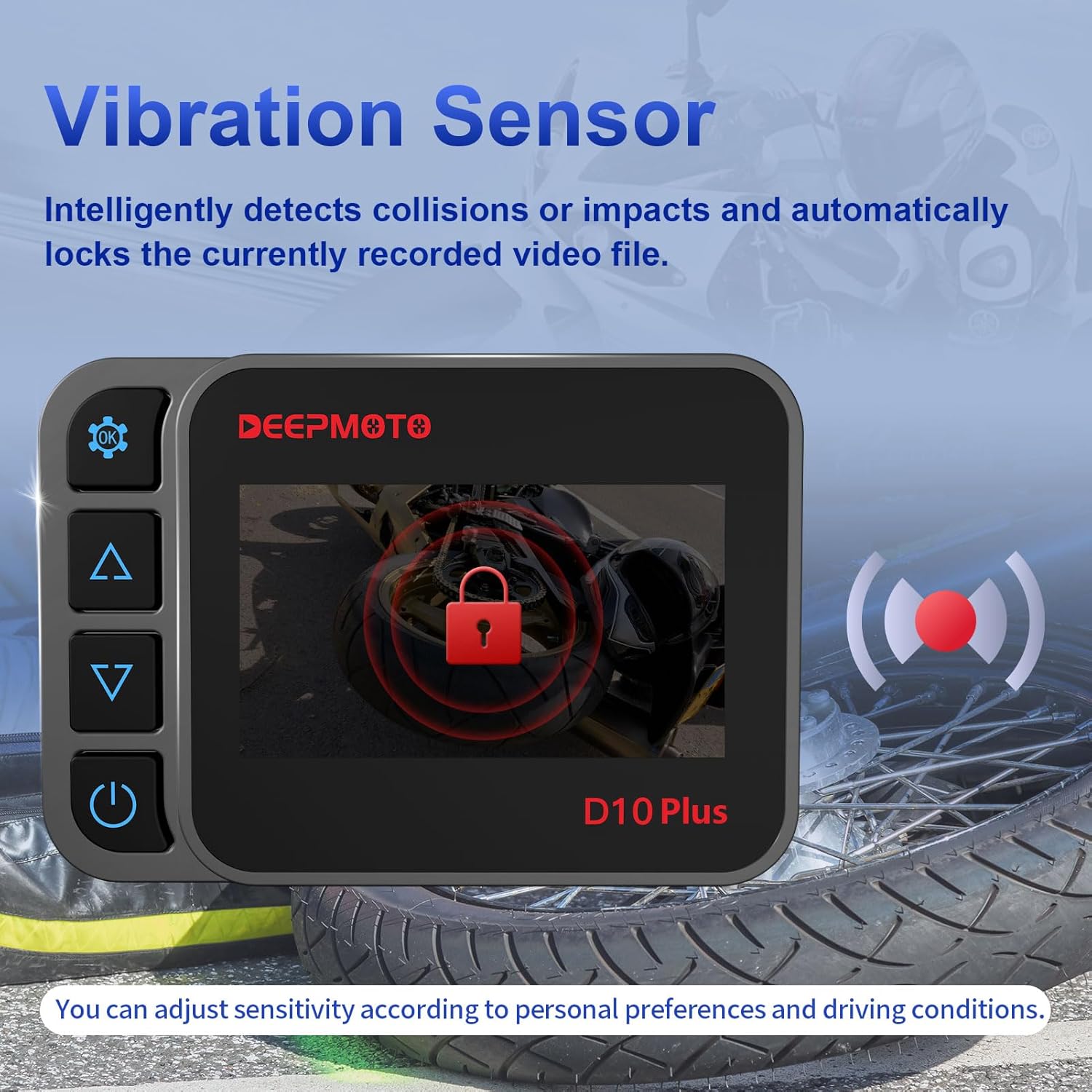 DeepMoto D10Plus display showing a locked video icon due to vibration detection