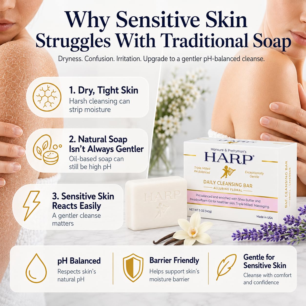 HARP pH-Balanced Syndet Body Wash Bar with Shea Butter & Borage Oil