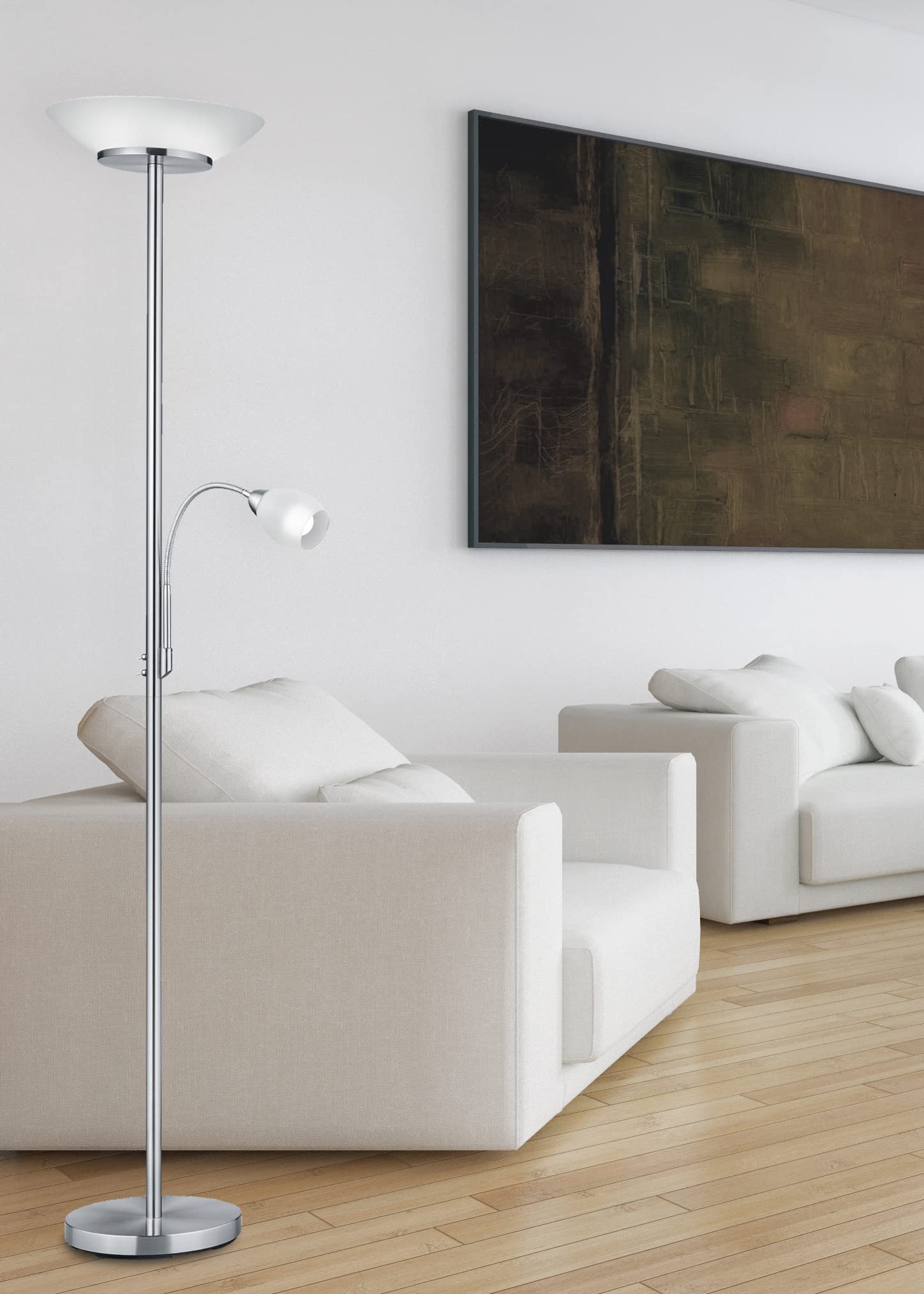 Deckenfluter Stehleuchte Klaus mit LED Leselampe | nickel matt Metall | exkl. 2 x E27 (max. 18W) | beweglicher Lesearm 1 x E14 (max. 10W) | Höhe: 180 cm, Durchmesser: 34 cm