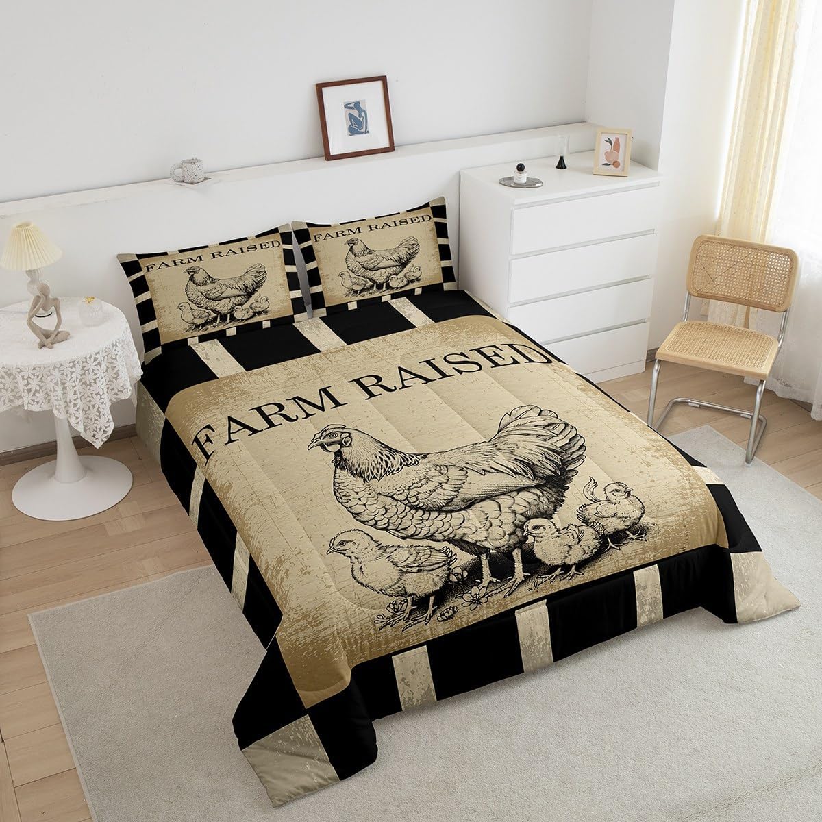 Farm Comforter Set Rustic Farmhouse Chicken Pattern Comforter Cover for Kids Boys Girls Buffalo Check Bedding Set Breathable Farm Animal Pattern Duvet Set Room Decor Comforter Inner Fill King Size