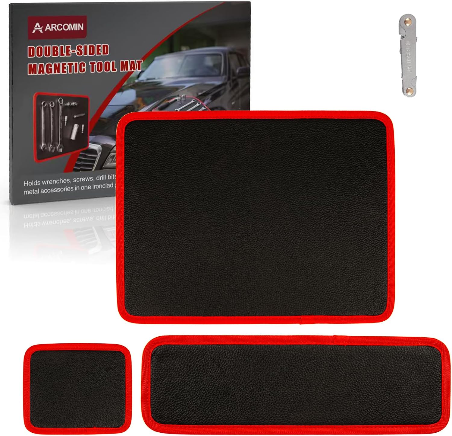 ‌Arcomin 3PC Flexible Magnetic Tool Mat & Tray Holder - Magnetic Tool Tray, Flexible Magnetic Mat, PVC & Non-Slip for Garage Workshop, Auto Repair Tools (12.8x9.8/12.6x4/6.3x5.3in)