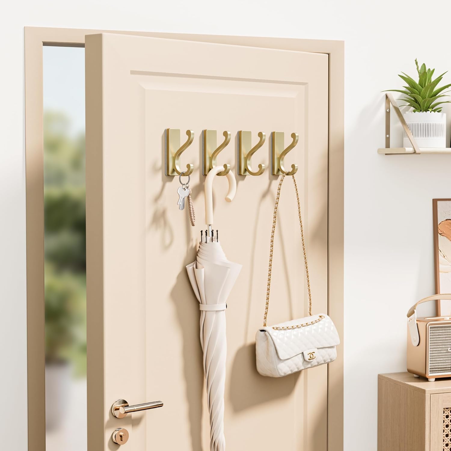 4 Pack Self Adhesive Coat Hooks - Gold Sticky Hangers Wall Mount, Holds 13Lbs for Clothes, Towel, Robes, Keys, Double Hooks for Bathroom, Bedroom and Door.