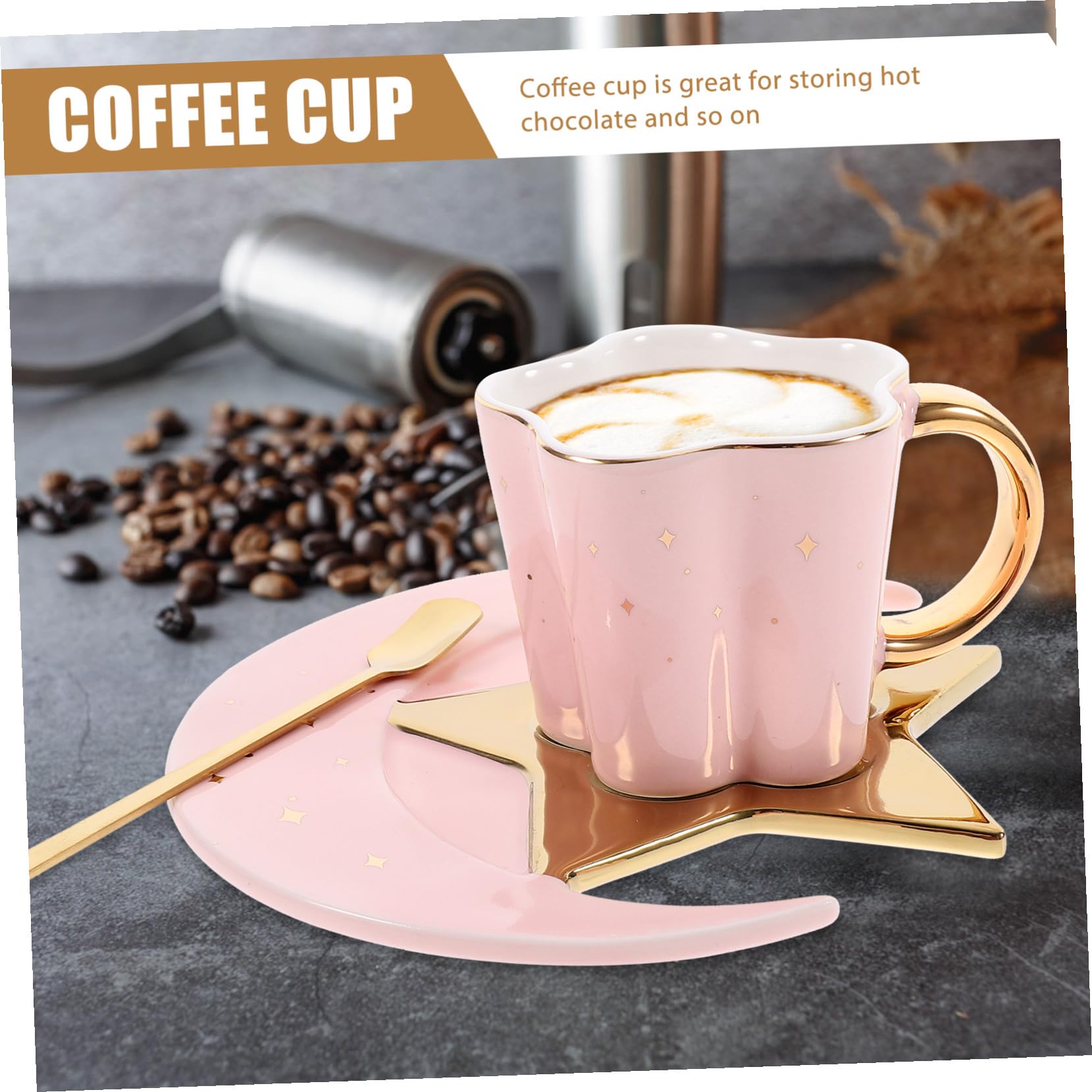 Tazza da Caffè in Ceramica 120ml con Cucchiaio e Piattino | Tazzine da Caffe Particolari, Set 1 Pezzo, Piattino a Forma di Luna e Stella, Colore Rosa