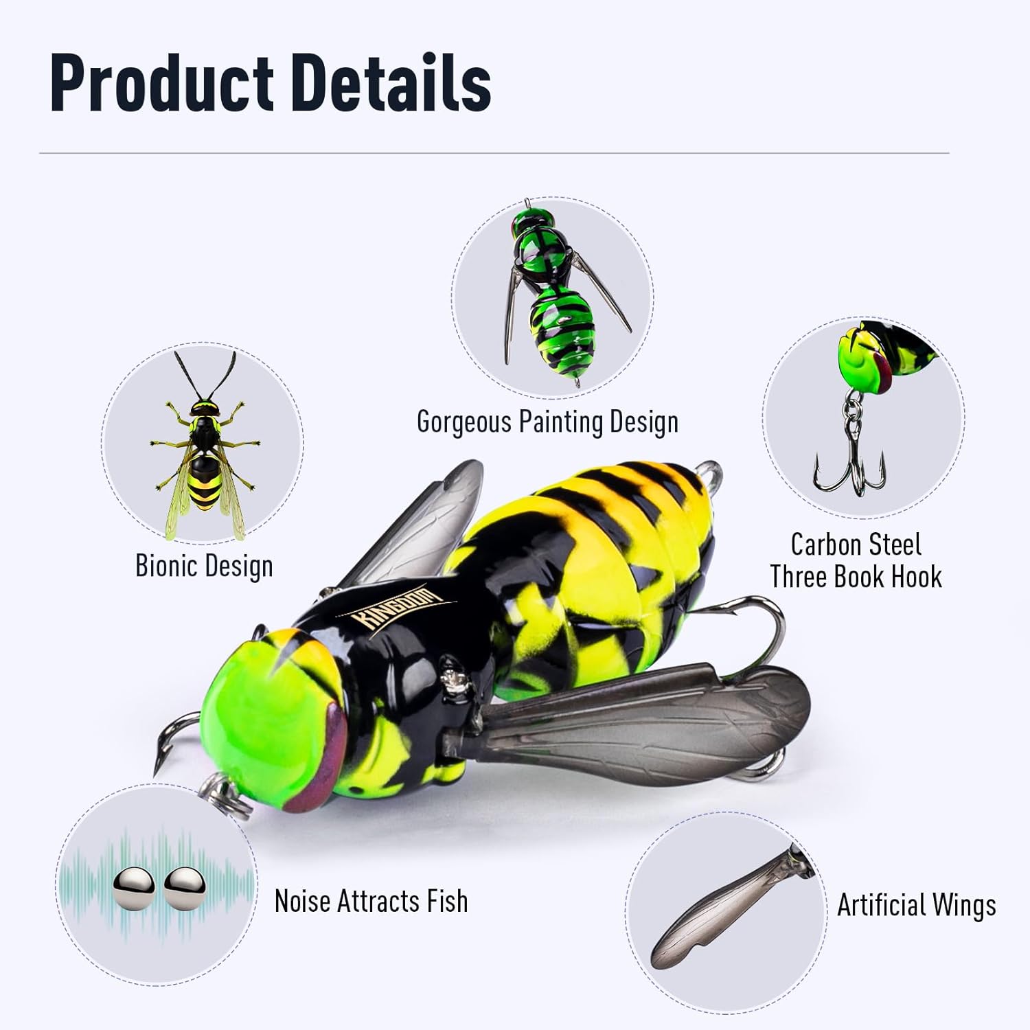 Kingdom Wasp Craw Bait Insect Bionic Floating Fishing Lures Swimbaits Hard Artificial Baits Lure for Freshwater and Saltwater Bass Carp Pike Walleye Fishing ABS Material Carbon Steel Three Book Hook