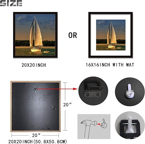 Miniatura 4 de VITOIVE Marco negro de 20 x 20 pulgadas con paspartú de 16 x 16 pulgadas, marco de madera maciza para montaje en pared (1 paquete, 20 x 20 pulgadas)