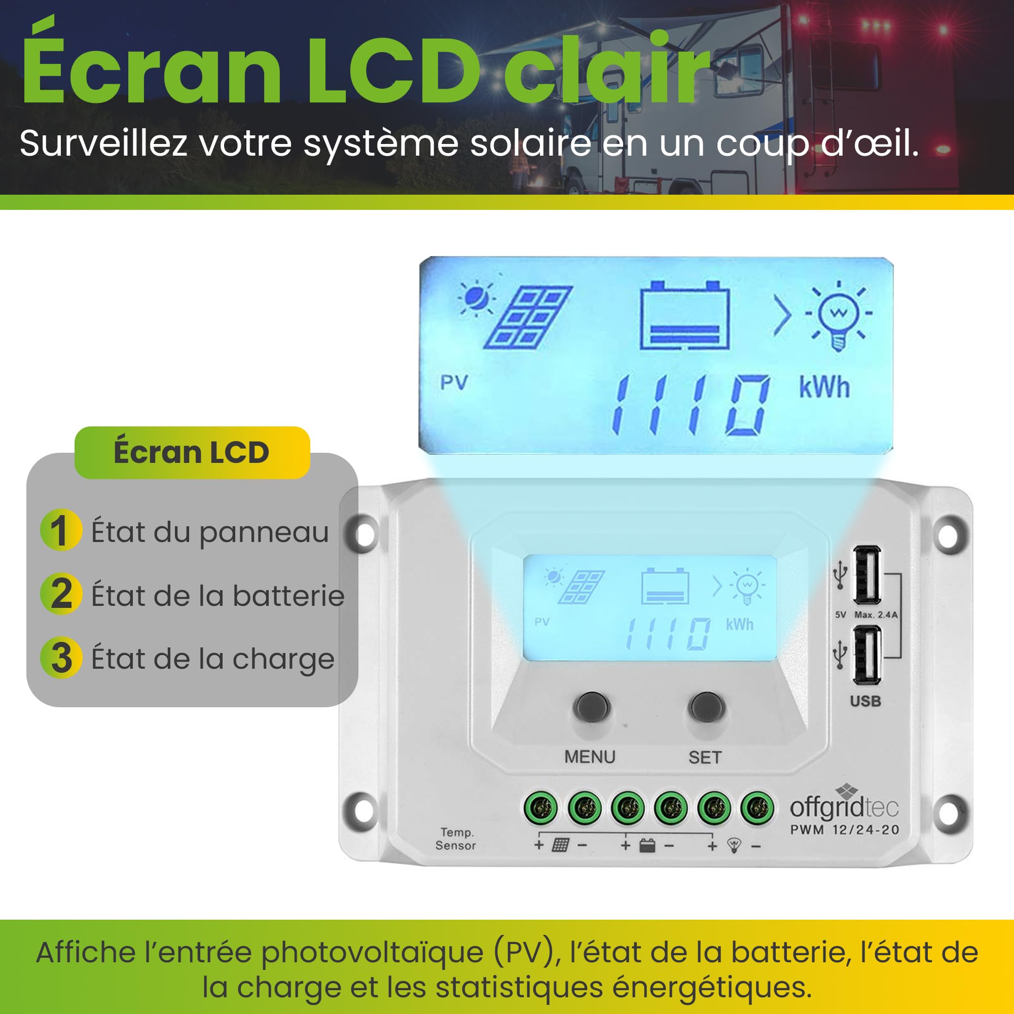Offgridtec PWM Pro Régulateur de charge USB 12 V/24 V 20 A