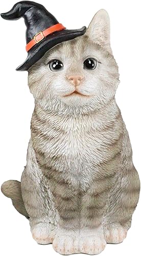 Ebros - Figura de gato gris realista con sombrero de bruja para Halloween, 7.5 pulgadas de alto con ojos de cristal, brujas, Wicca, oculto, felino,