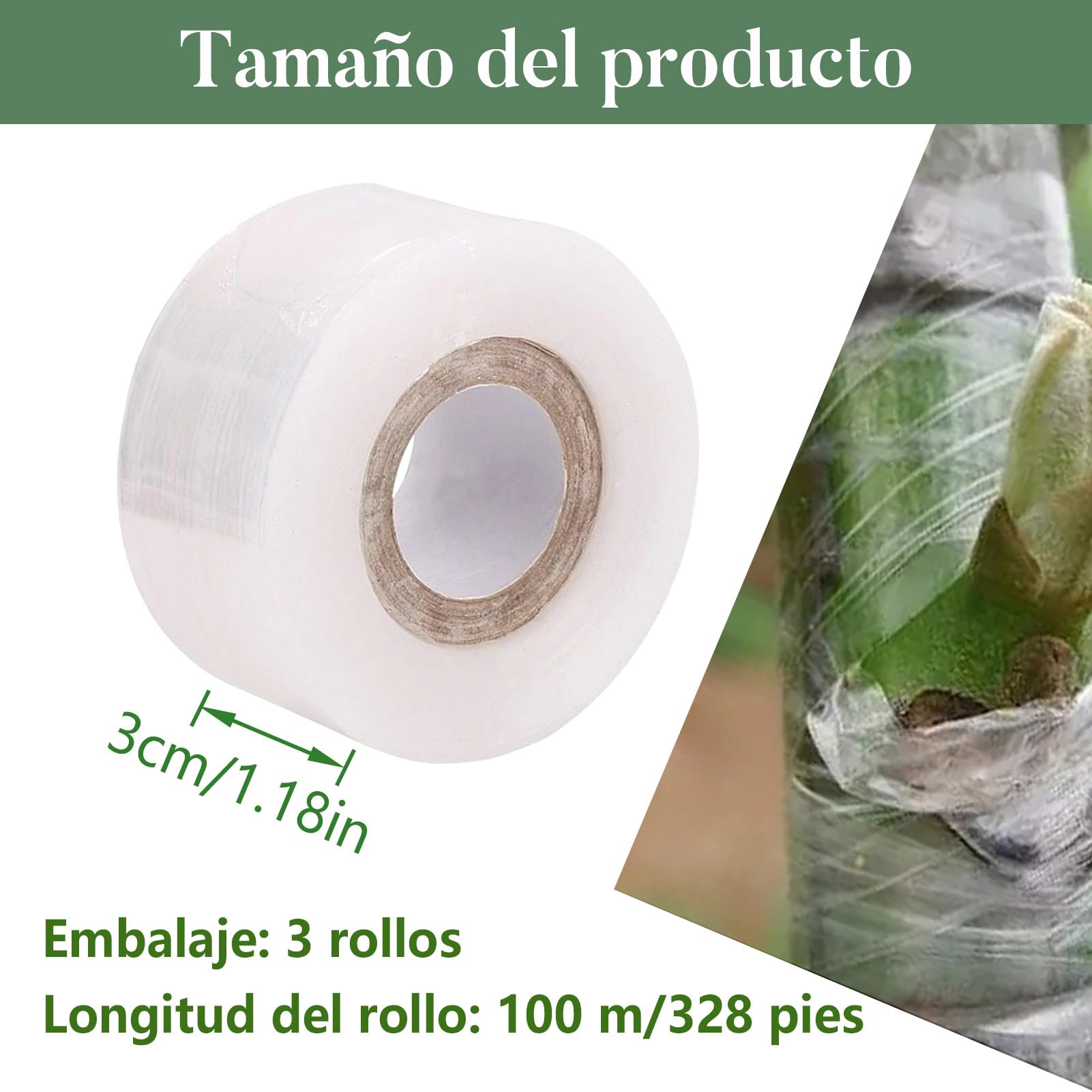 3 Rollos de Cinta de Injerto de Transparente Estirable, Autoadhesiva para Jardinería Película de Injerto, Ideal para Injertar Árboles Frutales, Flores y Uso en Viveros, 100 m