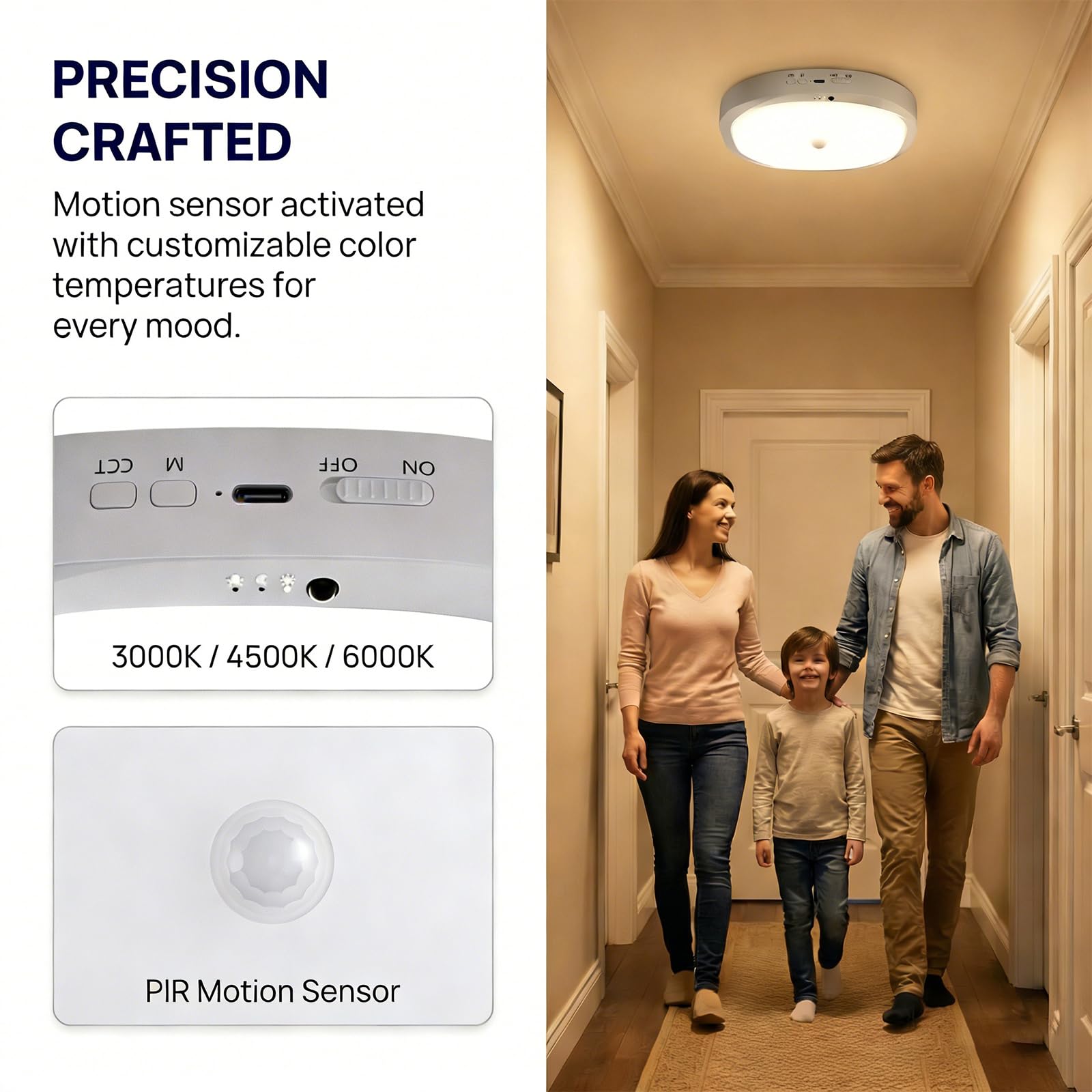 Plafonnier LED avec Batterie 10000mAh, Détecteur de Mouvement, 550LM, Lampe de Plafonnier Sans Fil Rechargeable,Luminaire a Pile, Lampe Plafond Batterie, pour Salle de Bain,Couloir,Escalier (2)