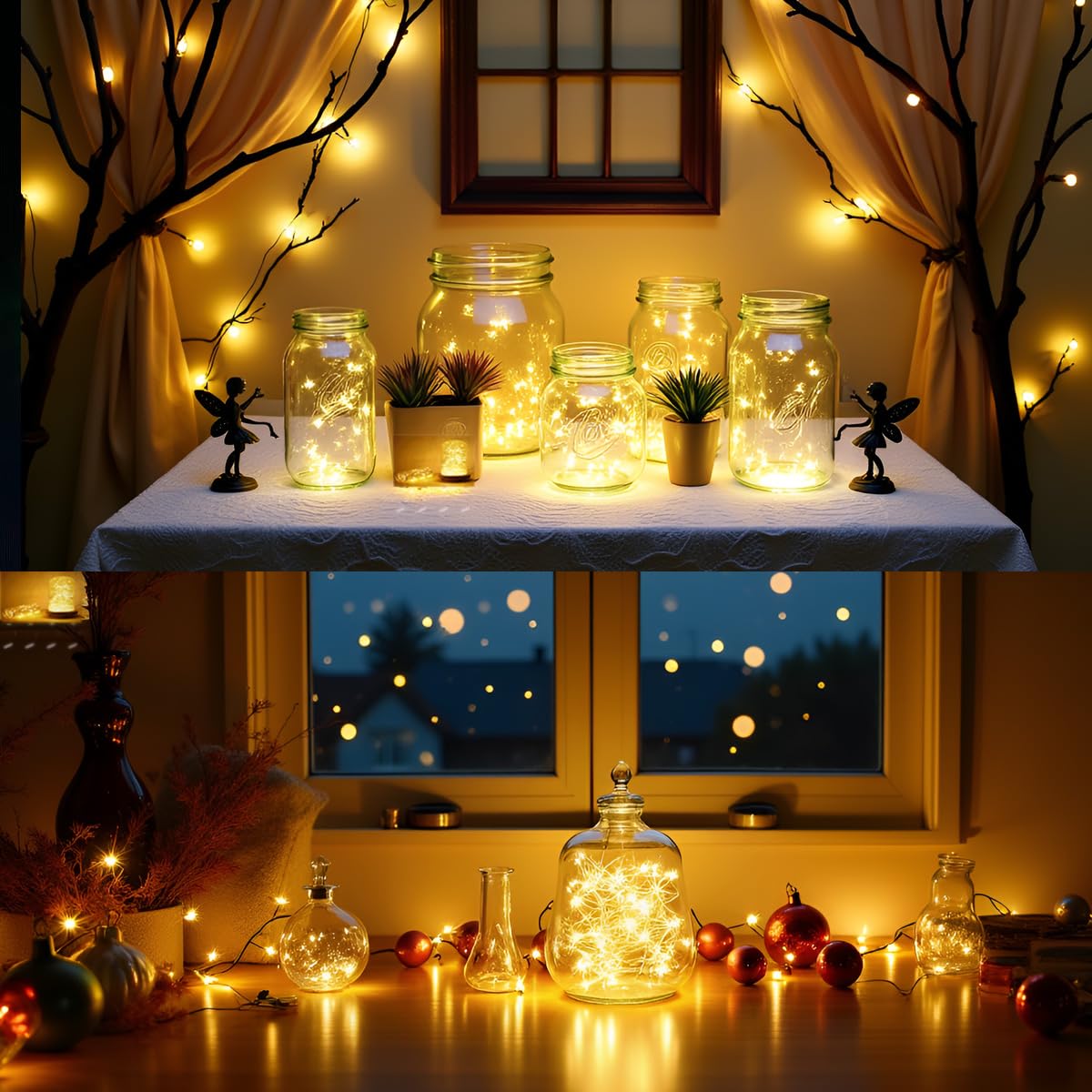 Confezione da 4 luci a batteria, 1 m, 10 LED, filo argentato, mini luci per barattoli di vetro, fai da te, Natale, matrimoni, feste, centrotavola, decorazione da tavolo