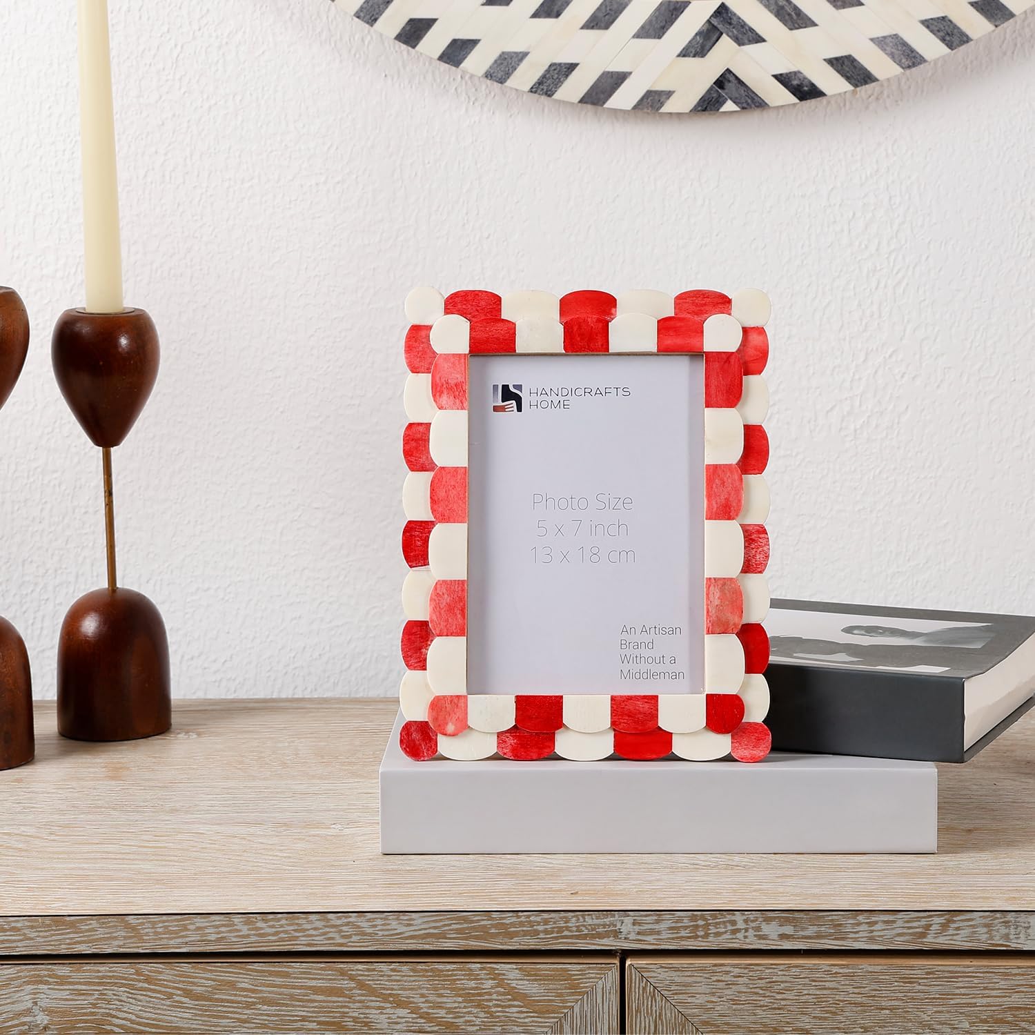 Handicrafts Home 5 by 7 Picture Frame, Red White Scallop pattern Bone inlay Photo Frame for Wall & Tabletop, Boho Farmhouse Vintage Home Decor, Gallery Wall & Desk Decor, Family Frame Fall decor