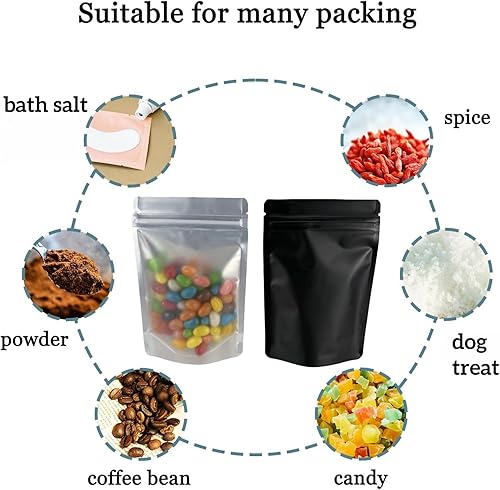 Miniatura 5 de PABCK Bolsa resellable de Mylar negra, bolsas autosellables para almacenamiento de alimentos, dulces y café, bolsa de plástico sellable de aluminio