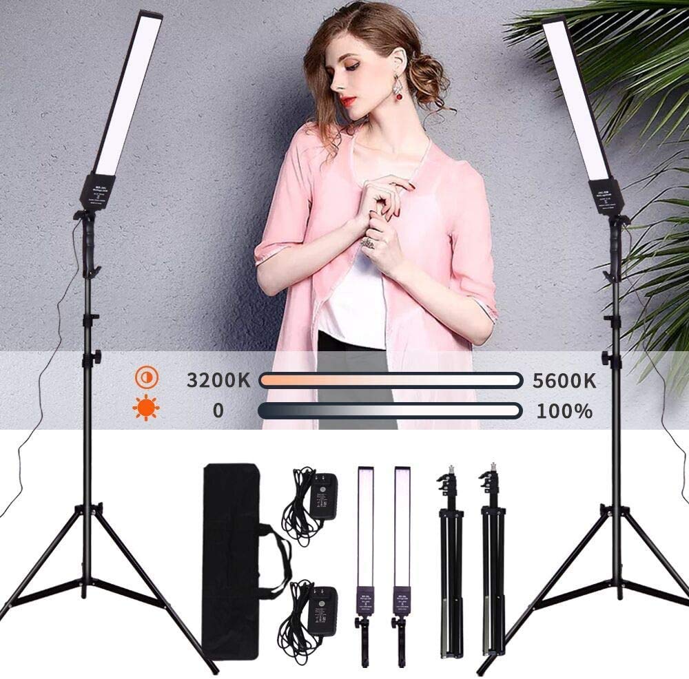 Set di 2 luci video a LED dimmerabili, con treppiede, borsa per il trasporto, set di luci per fotocamera, video, YouTube, prodotto fotografico, 376 perline LED, 3200-5500K, CRI 96+