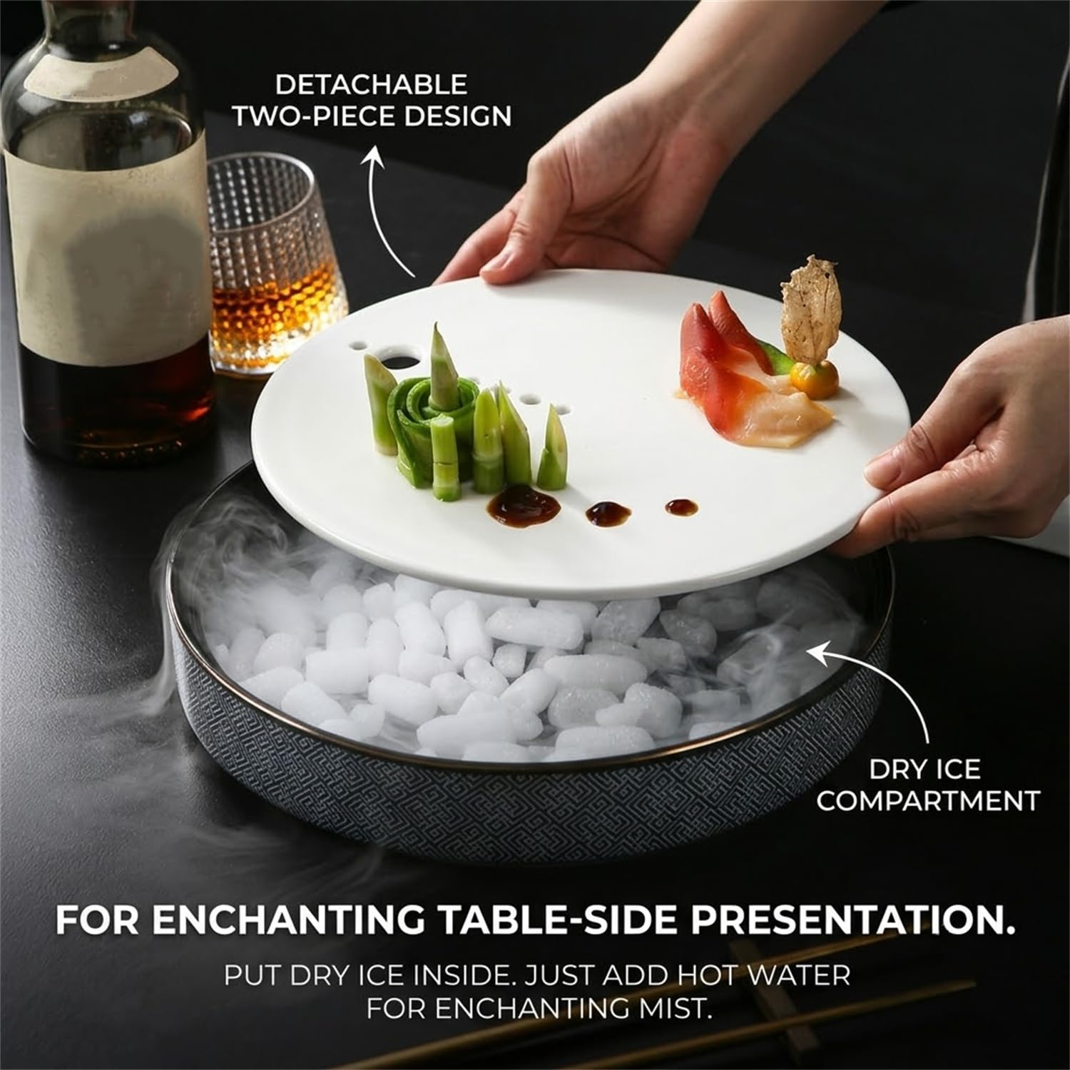Bandeja de Servicio de Sushi de Sashimi de Hielo seco de cerámica | Atmósfera visual ahumada, porcelana delicada, estructura desmontable, integración perfecta