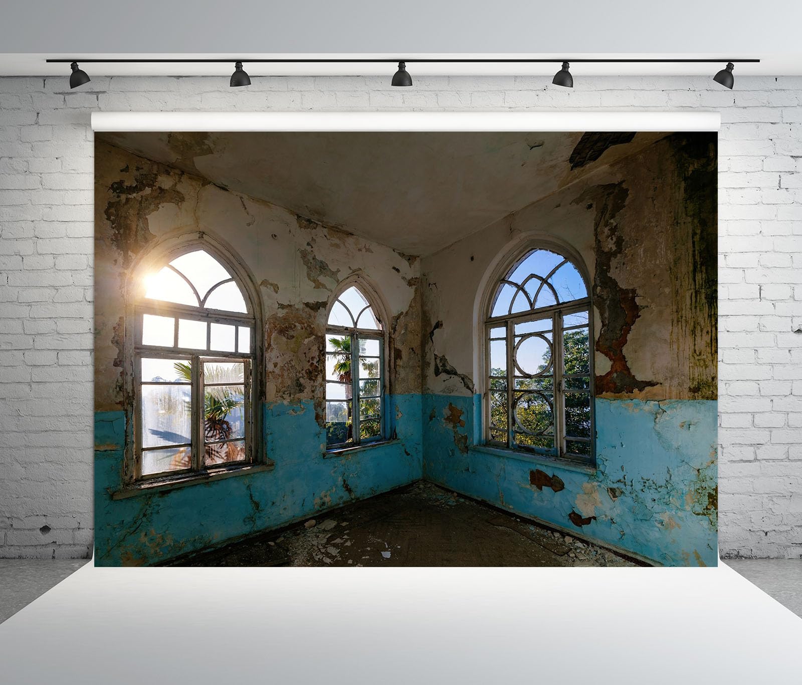 12x10FT (3.6x3m) Stanza Blu Con Finestre Ad Arco Sfondo Fotografico
