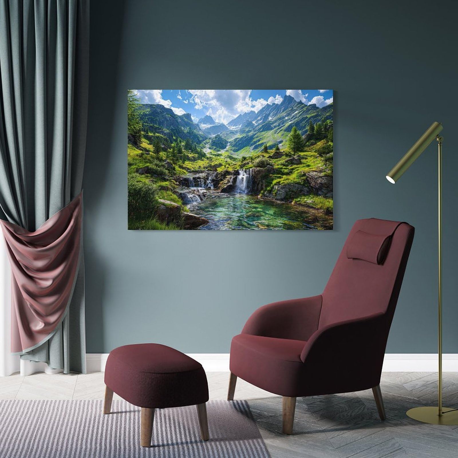 Junmoney Majestic Mountain Stream And Peaks Canvas Wall Art, 24x36inch(60x90cm), for Wall Displays, Bedrooms Or Room Updates, Ideal for Building A Coordinated Art Wall