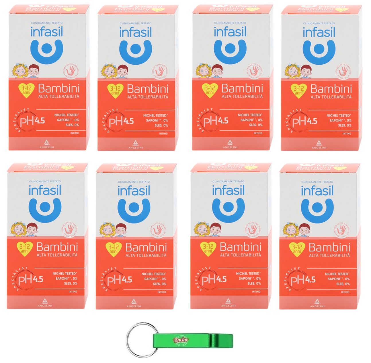 8 detergenti Intimo Bambini, detergenti intimi per bambini, testati sotto controllo pediatrico, senza coloranti e saponi, 200 ml + portachiavi Beni Culinari gratuito