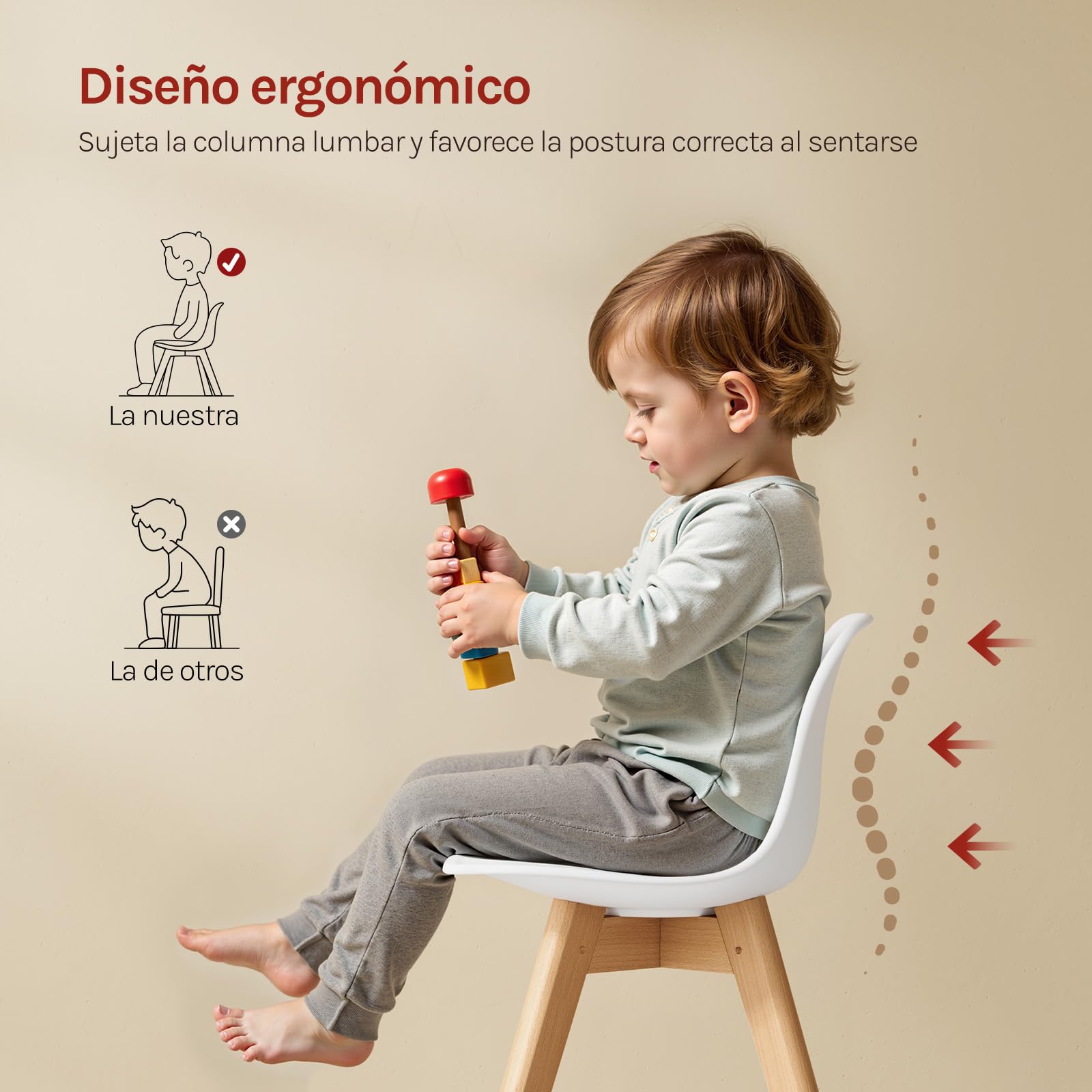 WOLTU Silla para Niños, Silla Infantil Altura de 33 cm, Respaldo Curvado, Asiento de PP + PU, Patas de Madera, con Almohadillas, 38x33x56 cm, Blanco
