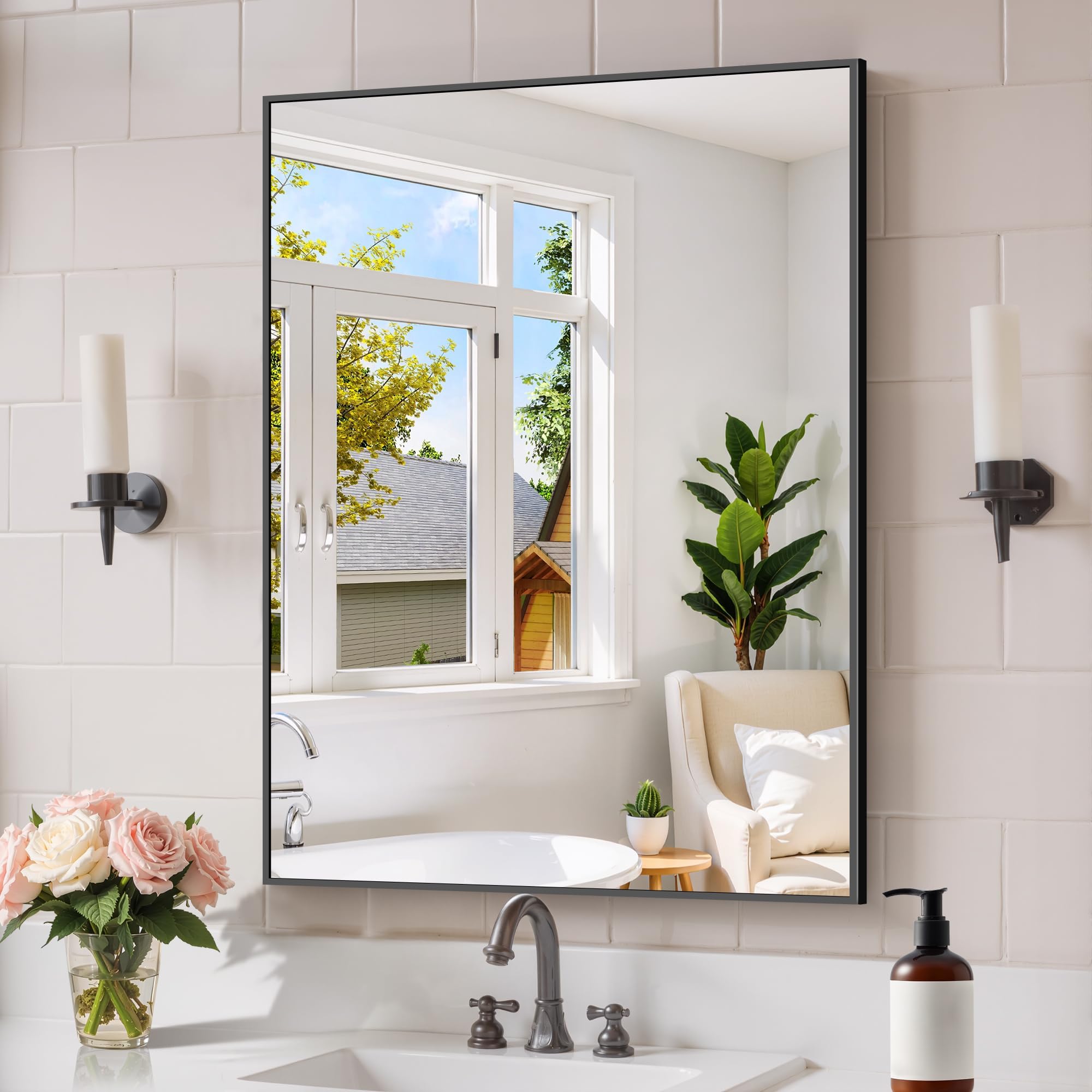 Black Bathroom Mirror for Wall 24x32 Inch Rectangle Mirror with Metal Frame Modern Vanity Mirrors for Bathroom Living