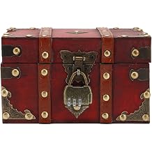 Vintage Wooden Treasure Chest Box with Lock, Small Rectangle Antique Wood Storage Jewelry Boxes European Decorative Handmade Case Holder Organizer Trinket Keepsake for Home Bedroom Decor Red