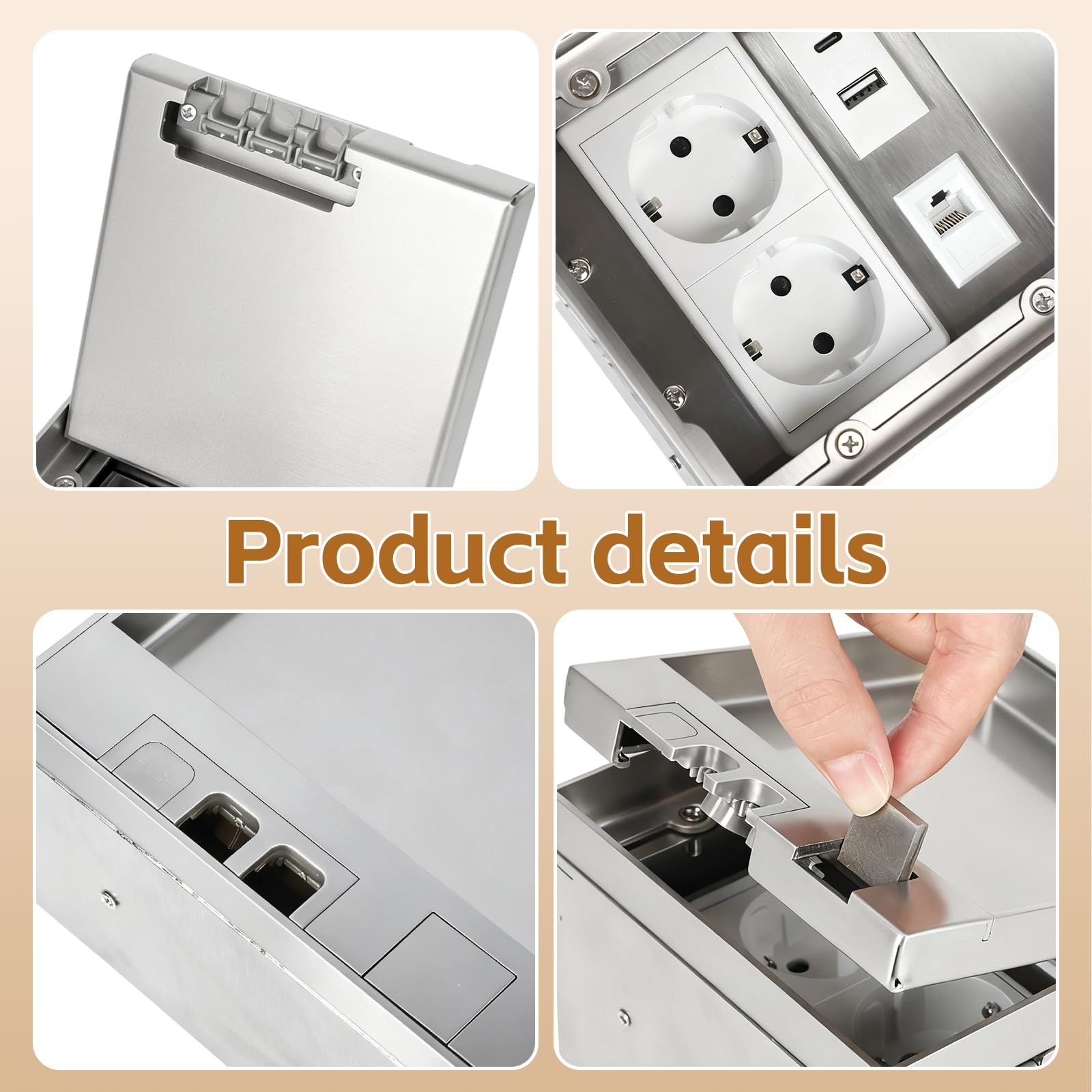Presa da pavimento interna, presa da incasso in acciaio inox a scomparsa con 2 prese AC e USB, presa da incasso impermeabile per casa, uffici (Argento)
