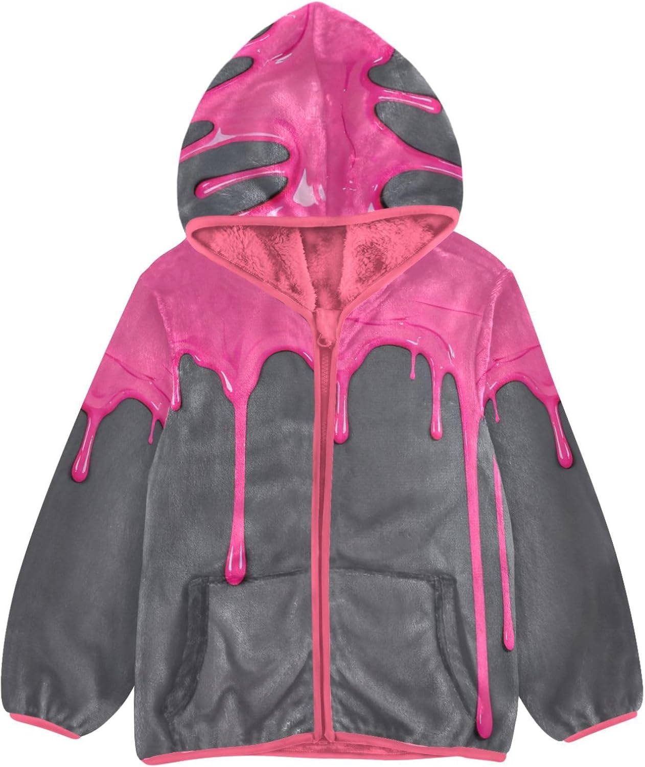 GuoChe Pink Drip Paint on Dark Gray Hooded Fleece Jacket Toddler Children Plush Jackets