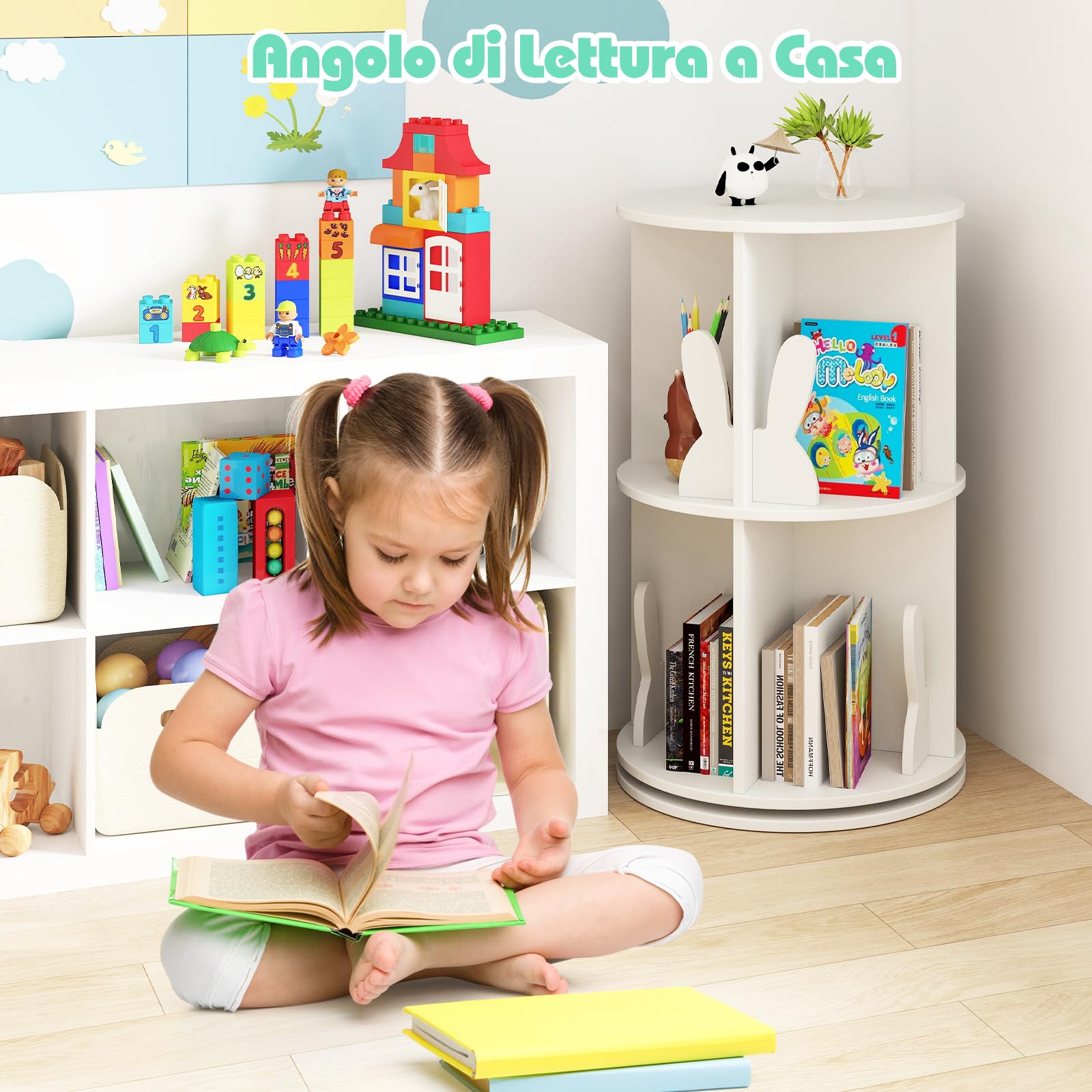 RELAX4LIFE Libreria Scaffale Girevole per Bambini, Porta Libri Rotante a 2 Livelli, Libreria in Legno per Soggiorno, Camera da Letto e Studio, 40 x 40 x 65 cm (Coniglio, Bianco)