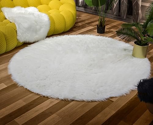 Miniatura 2 de Latepis Tapete de cuero sintético de oveja, esponjoso, lavable, bonita decoración de habitación, redondo, de 6.7 pies, color banco, para la sala,