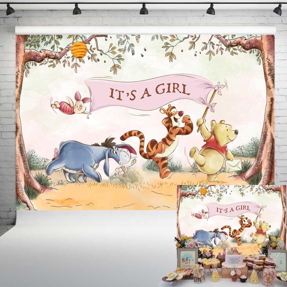 Vintage Pooh Bear Baby Shower Backdrop It's A Girl Classic Winnie and Friends in Woods Background Newborn Party Decorations 7x5 ft 302