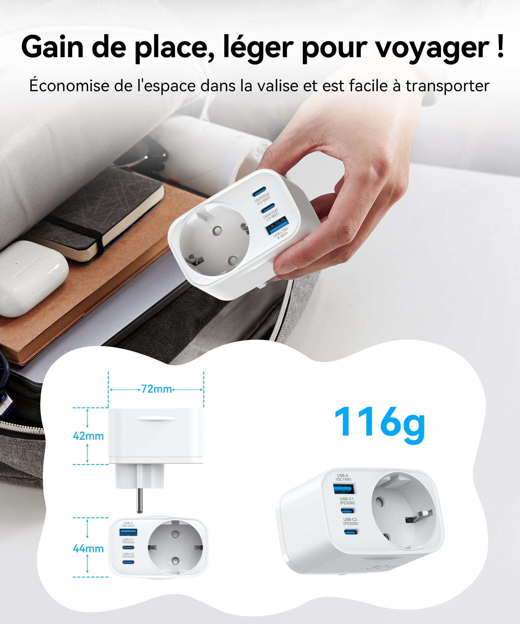 TOPADRE 2-Pack Prises Allemandes Murale avec 2 ports USB-C et USB-A, Chargeur Rapide 30W, Multiprise 4 Sorties, Adaptée aux Appareils Sans Terre, Prise Schuko 3680W avec sécurité enfant pour téléphone
