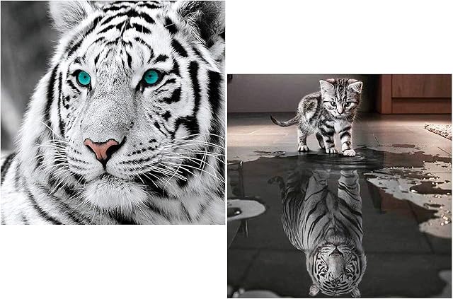 VEGCOO 2 Pack 5D Diamond Painting Kit, DIY Diamond Painting Full Kits Art Full Drill Set for Adults or Kids, Home Wall Decor (White Tiger + Little Cat)