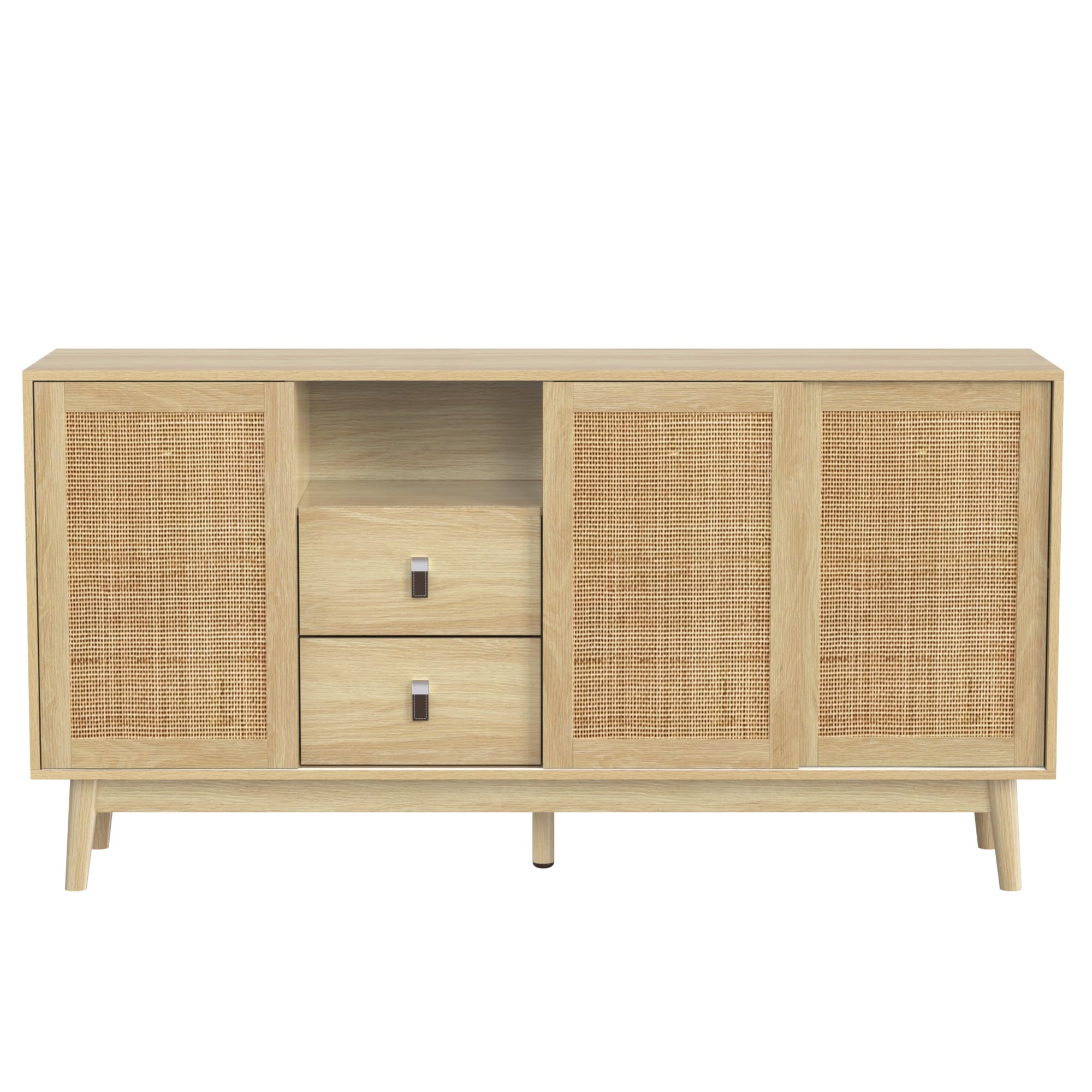 SUKY Aparador con 3 puertas correderas de ratán auténtico y 2 cajones, transpirable, estable y versátil, 155 x 38 x 80 cm