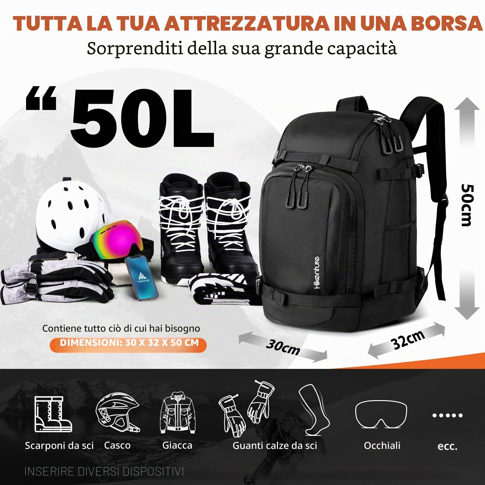 Hikenture Zaino per scarponi da sci, borsa da sci imbottita da 50 litri e borsa per scarponi da snowboard, con fori di scarico, borsa da sci resistente all'acqua di grande capacità, per scarponi da sci, casco, occhiali, vestiti, guanti, attrezzatura da sn
