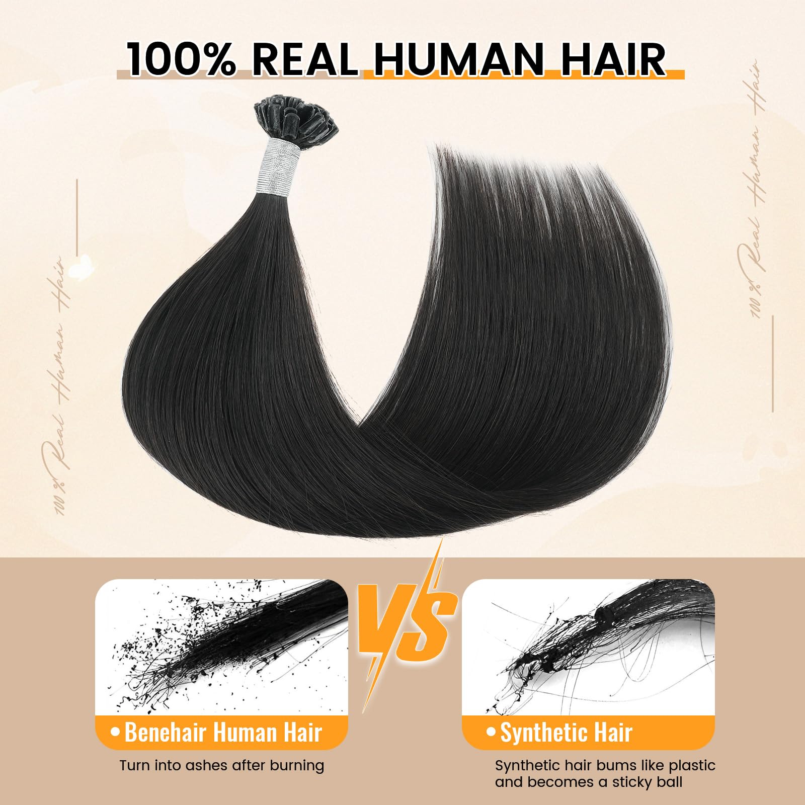 Yuniffe U Tip Hair Extensions Real Human Hair Extensions U Tip Hot Fusion Hair Extensions Remy Straight Hair Extensions Nail Tip Keratin Real Hair Extensions Jet Black 20 inch 50g/50s - Image 2