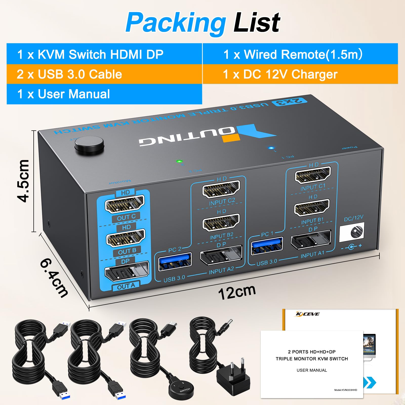KVM Switch 2 PC 3 monitory DP HDMI, KVM Switch Triple Monitory | 4K @ 144 Hz, 8K 60 Hz, USB 3.0, 5 Gbps, do 2 PC Części myszy, klawiatury, przewodowy pilot