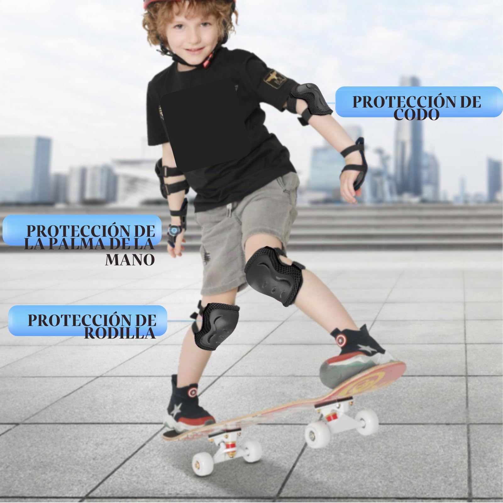 Set Protecciones Patines 6 Piezas Rodilleras Coderas Muñequeras Negro
