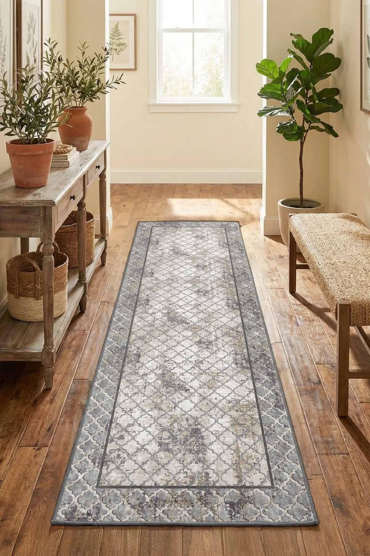 Monnhein Gri Yolluk 1064 - Yıkanabilir, Kaymaz Taban, Dijital Baskılı, Leke Tutmaz, İnce Hav, Modern Koridor, Mutfak, Antre ve Salon için Dekoratif Yolluk