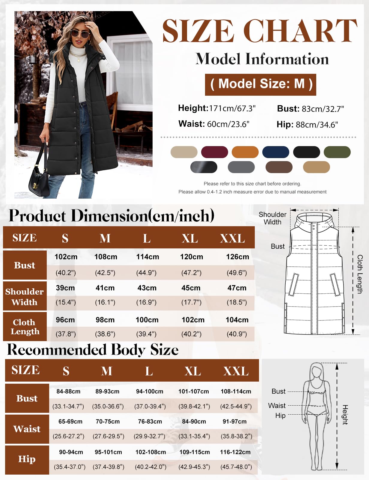Vancavoo Chaleco Acolchado Mujer Invierno Abrigo Largo sin Mangas Chaleco con Capucha y Cremallera AbrigoS Térmico Con Bolsillos Chaqueta de Cuello Alto para Exteriores