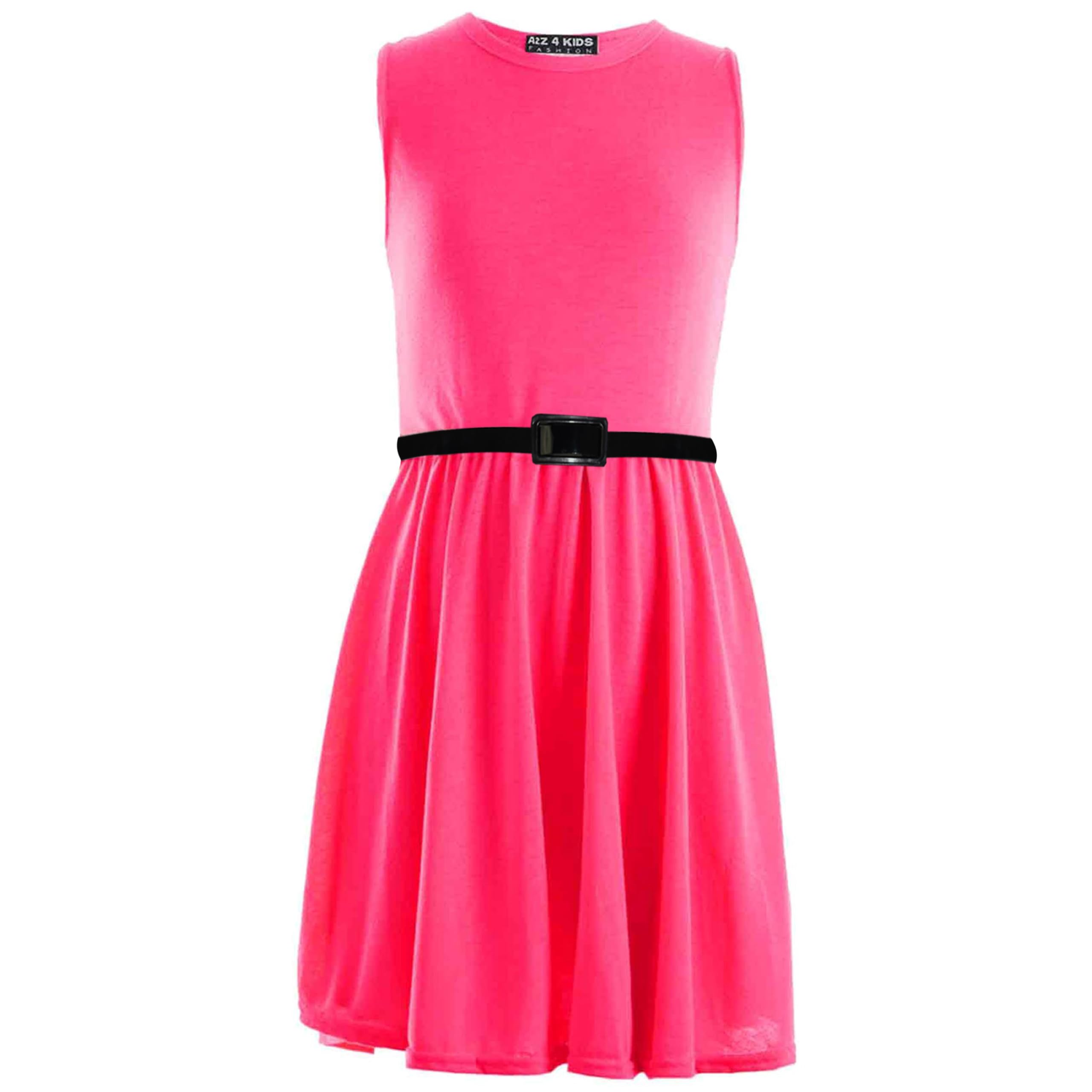 A2z 4 Kids Girls Neon Pink Party Fashion Dresses With Free Belt Summer - Skater Sleeveless 9-10