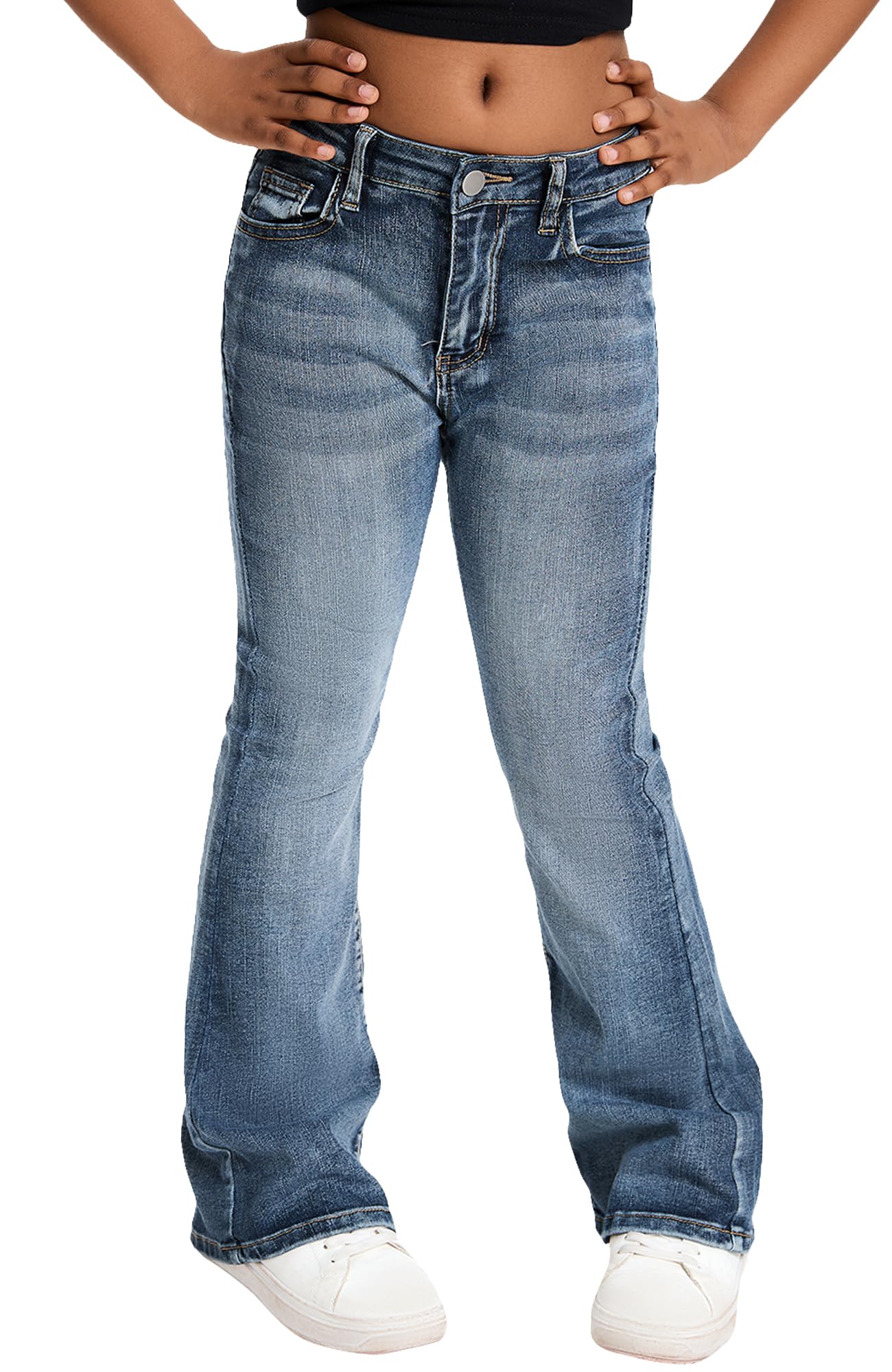 SEAUR Ausgestellte Jeans Mädchen Schlaghosen Denim Vintage Flared Jeans Y2K Mädchen High Waist Slim Fit Jeanshosen 7-14 Jahre