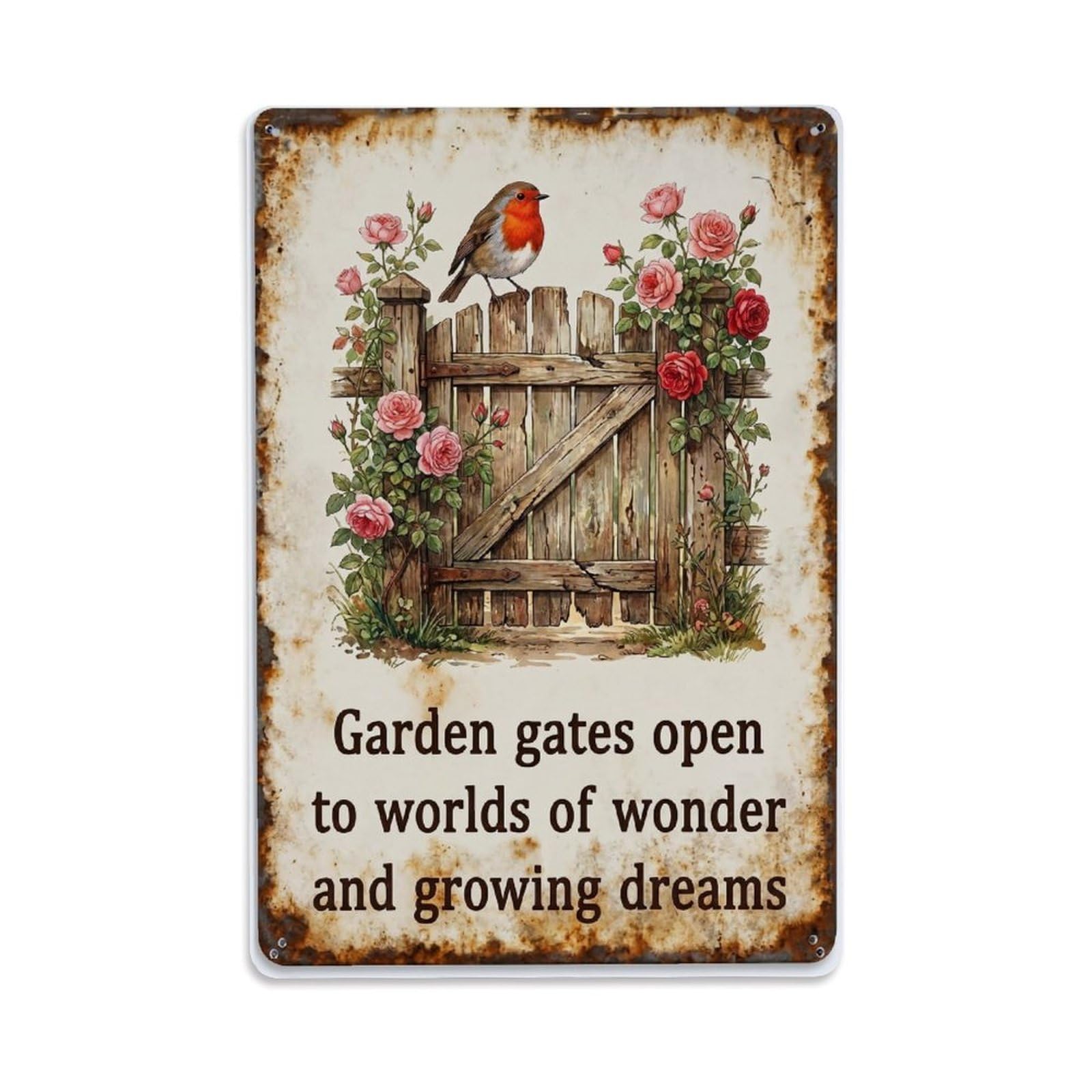 Fqnyr Style Robin Bird Garden Quote Gate Metal Tin Sign Plaque Wall Decor For Cafe, Club Bar, Office, Home Garden Metal Poster 8X12inch