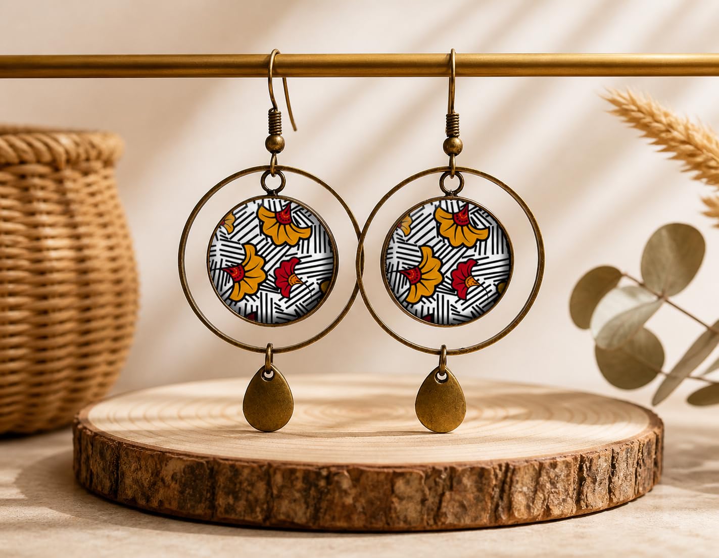Boucles d'oreilles wax jaune et rouge Afrique ethnique tendance cadeau bijou femme