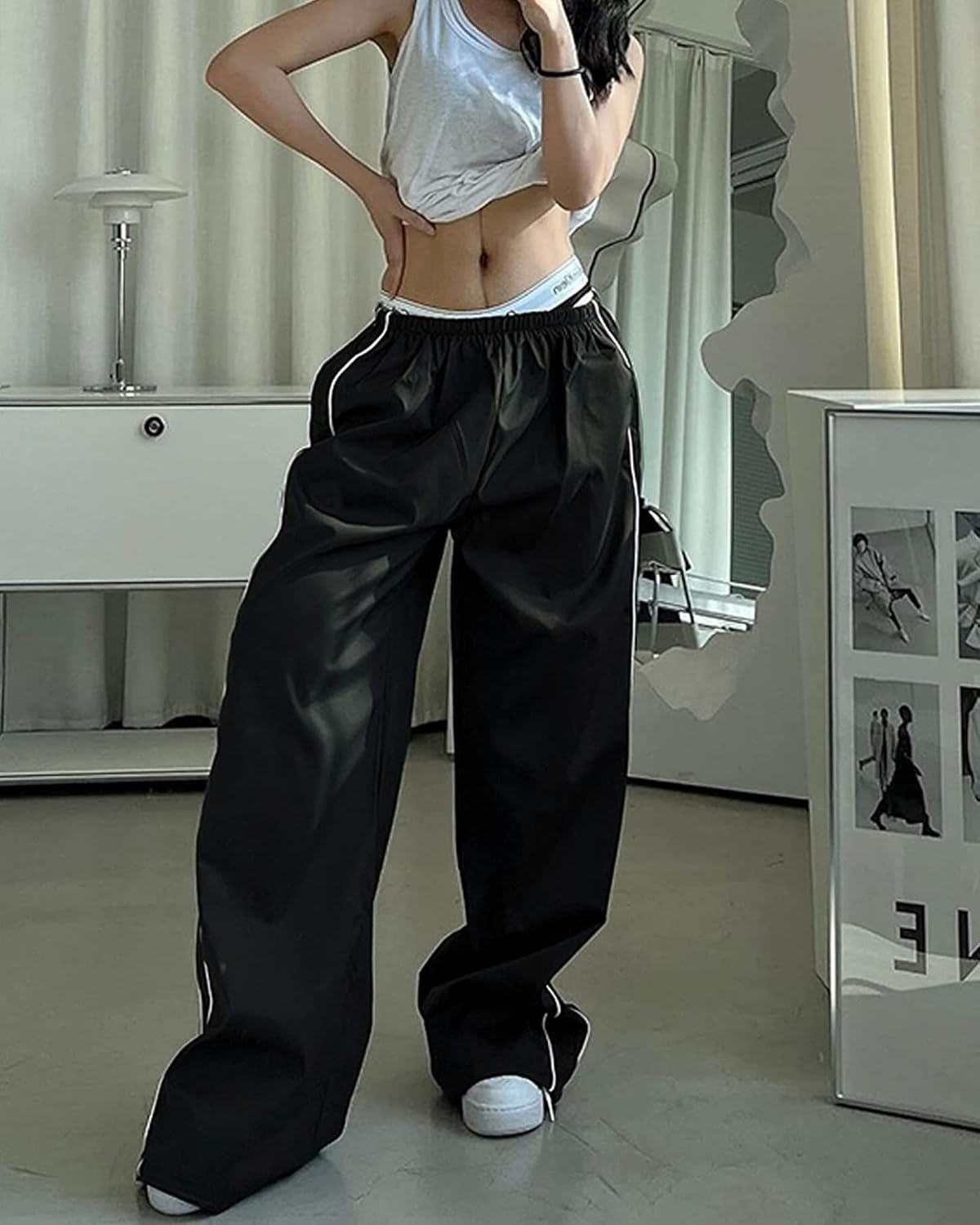 Women Y2K Baggy Track Pants Elastic Waist Wide Leg Parachute Jogger Sweatpants - Image 5