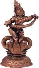 Exotic India 6" Small Kaliya Mardan Lord Krishna Copper Statue Dancing on Serpent Kaliya Nag Idol for Altar and Pooja
