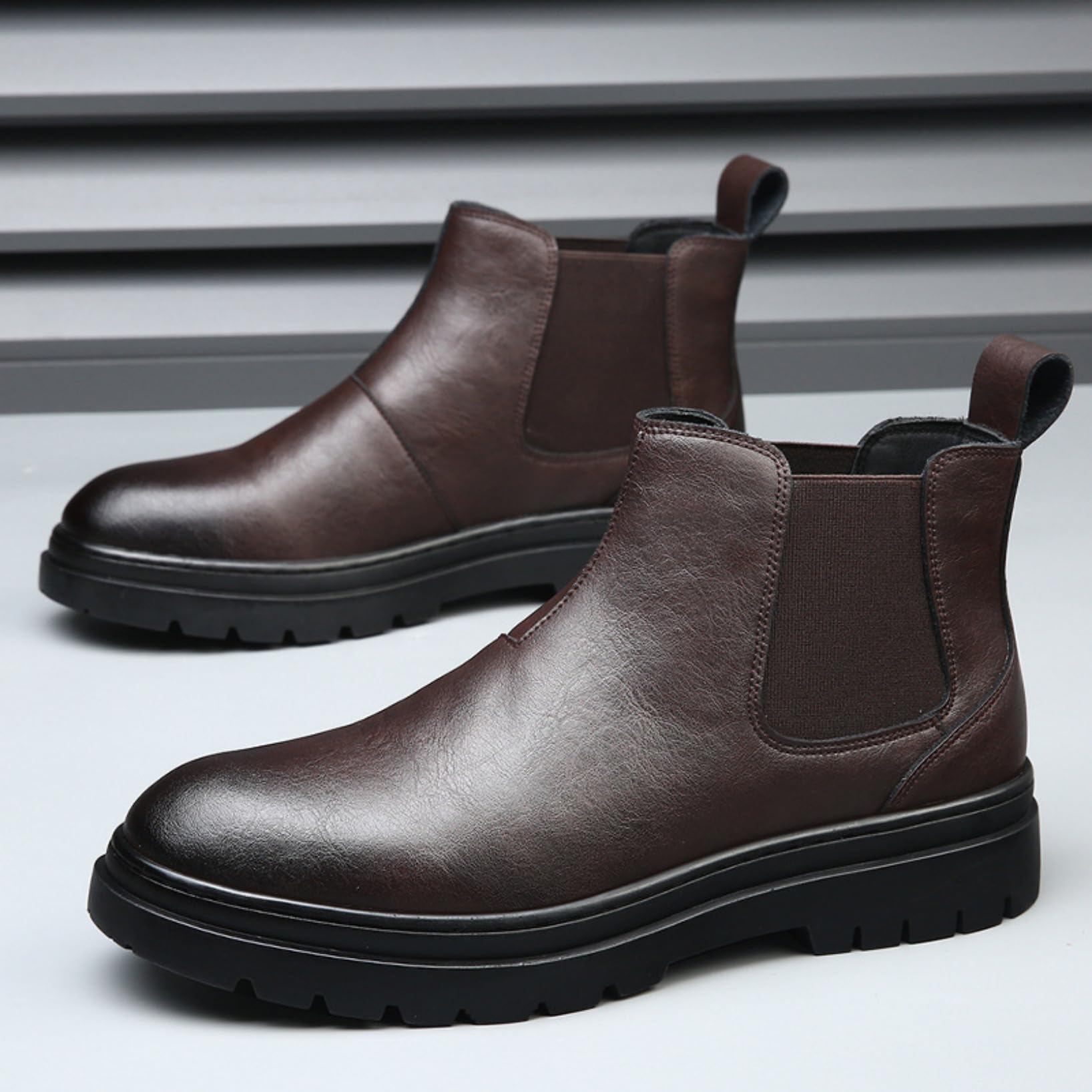 Genérico Hombre Tacón Plano Botas Cortas De Plataforma Punta Redonda Cuero PU Botines Chelsea Sin Cordones Bota Casuales
