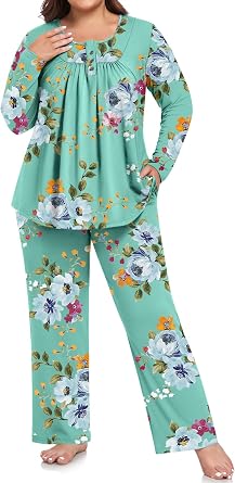 POPYOUNG Plus Size Womens Pajama Set 2-Pc Long Sleeve with Pockets L-5XL