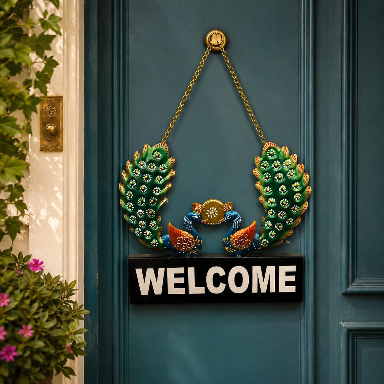 pranjals house Handmade Metal Peacock Welcome Wall Decor for Home Entrance, Iron Welcome Hanging Sign Board for Main Door, Balcony, Living Room Decoration, 18x12 Inch-image-38