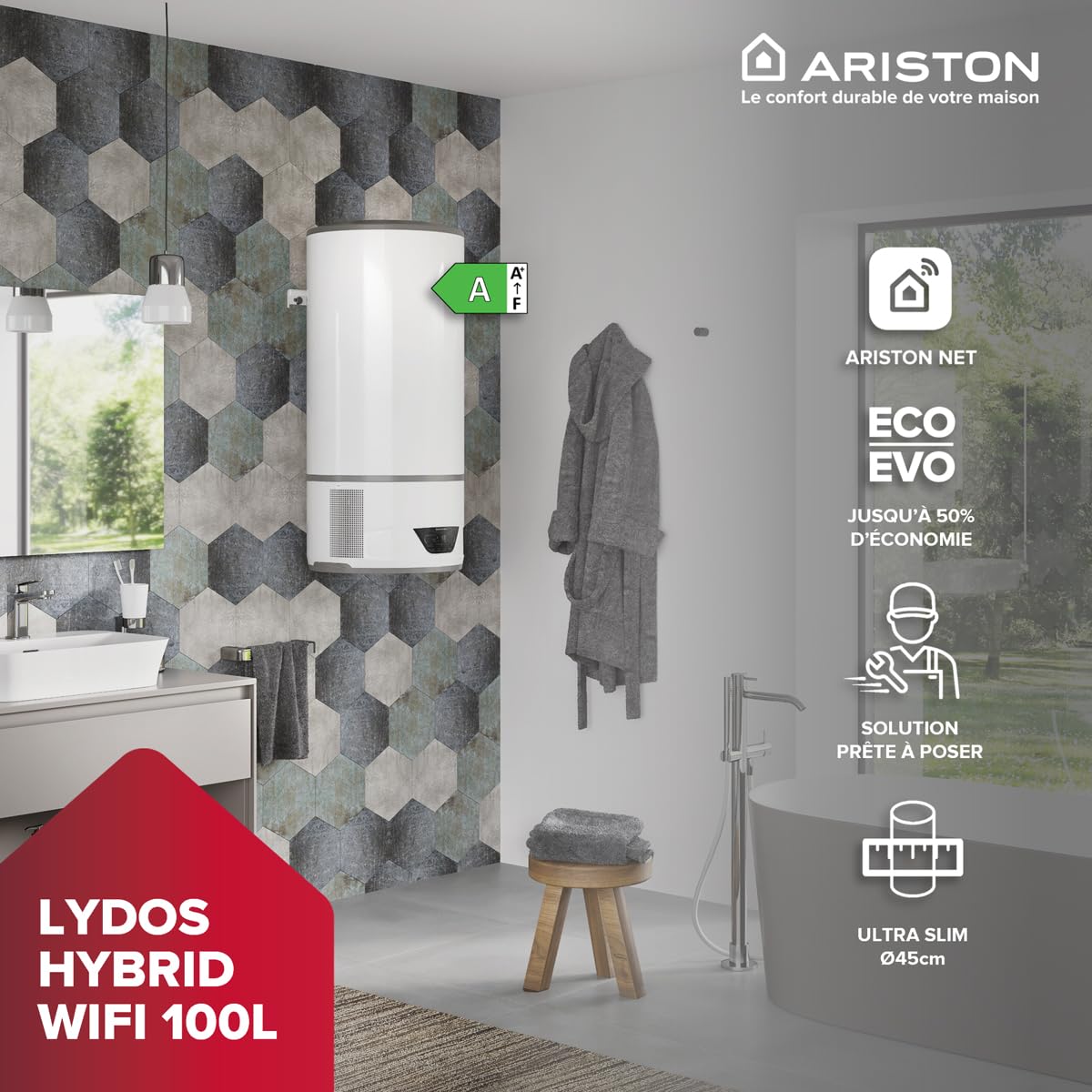 Ariston Lydos Hybrid Wifi 100L, Chauffe-Eau Thermodynamique Mural, Classe A, COP 1.89, Air Ambiant, 50% d'Économie d'Énergie, Prêt-à-Poser, Installation en France